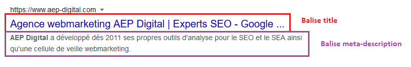 Exemple de balise title et balise meta-description dans les pages de résultats Google