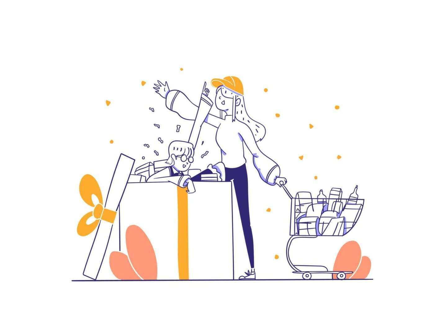 online-shop-employee-give-bonus-gift-surprise-box-to-customer-concept-illustration-in-outline-hand-drawn-design-style-vector