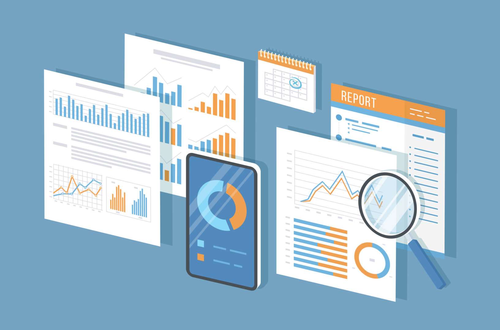 Mobile auditing, data analysis, statistics, research. Phone with information on the screen, documents, report, calendar, magnifier. Growing charts and graphics. Isometric 3d vector illustration.