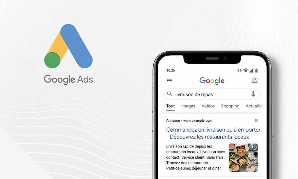 Illustration Google Ads : logo et exemple d'annonce mobile