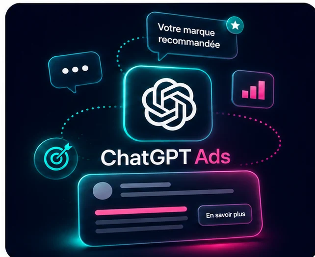Illustration ChatGPT Ads : marque recommandée dans une conversation et annonce sponsorisée